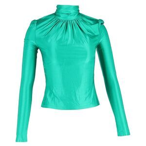 Paco Rabanne Ruched Turtleneck Top in Green Satin